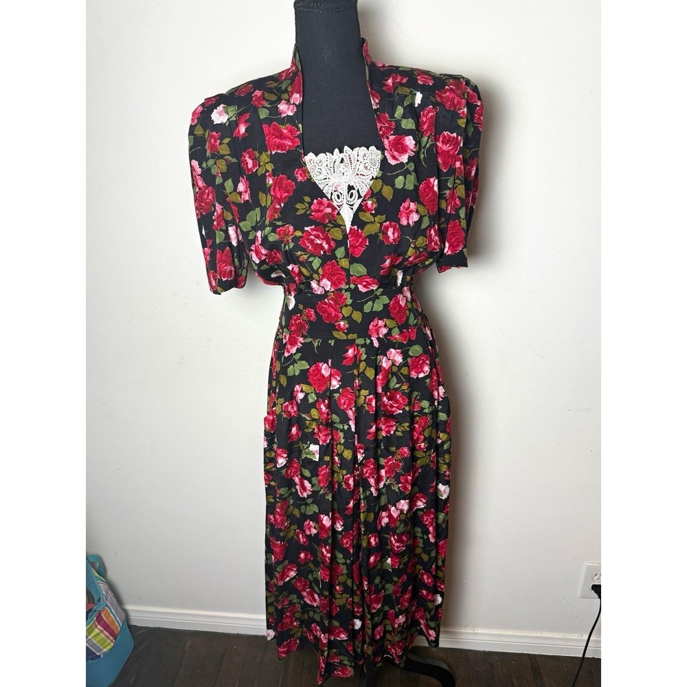 VTG Karin Stevens Floral Dress 10 Midi Lace Shoulder Pads Pockets Cottagecore